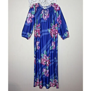 VTG Muumuu Dress S Resort Cruise Caftan Midi Boho Floral Tropical Hibiscus Blue